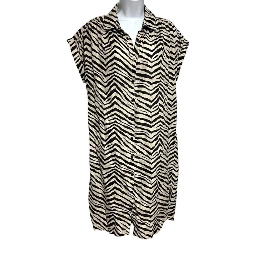 100% Linen Zebra Print Button-Front Shirt Dress Size Medium Lightweight Animal - Picture 1 of 7